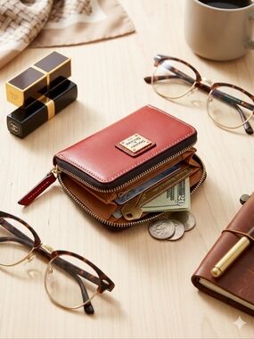 Dooney & Bourke  Small Red Leather Zip Card Wallet with Gold Plaque